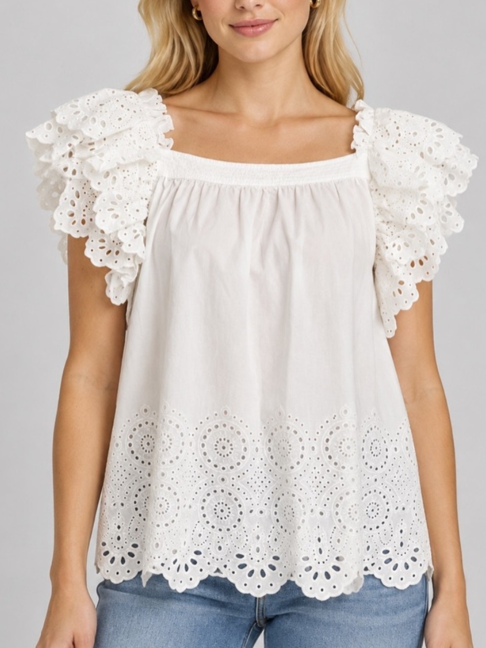 Ulla Johnson White Eyelet Ruffle Sleeve Square Neck Blouse 34730